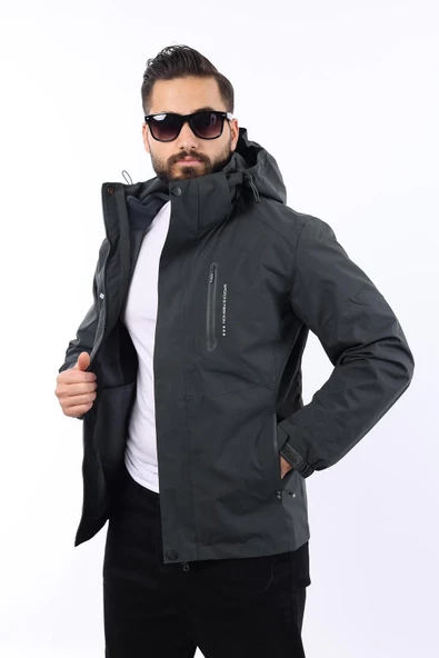 Erkek Antrasit Polarlı Su Geçirmez Kapüşonlu Mont ürün görseli 1