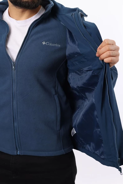 Erkek Mavi Polarlı Su Geçirmez Kapüşonlu Mont - Resim 2