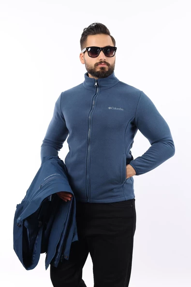 Erkek Mavi Polarlı Su Geçirmez Kapüşonlu Mont - Resim 5