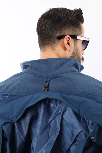 Erkek Mavi Polarlı Su Geçirmez Kapüşonlu Mont - Resim 8