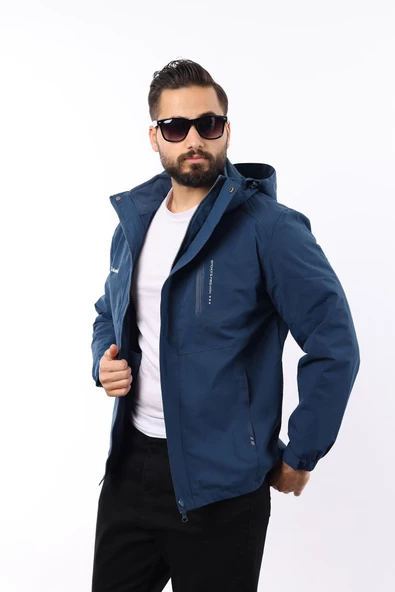 Erkek Mavi Polarlı Su Geçirmez Kapüşonlu Mont - Resim 3