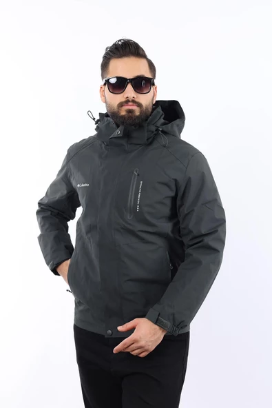 Erkek Antrasit Polarlı Su Geçirmez Kapüşonlu Mont - Resim 3