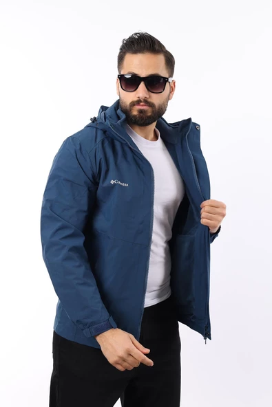 Erkek Mavi Polarlı Su Geçirmez Kapüşonlu Mont ürün görseli 1