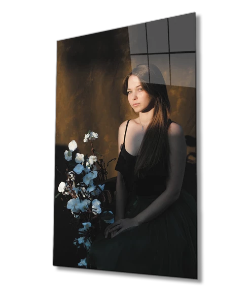 Kadınlar Orkide Oturmak Poz Vermek Retro Dekoratif ve Modern Cam Tablo ürün görseli