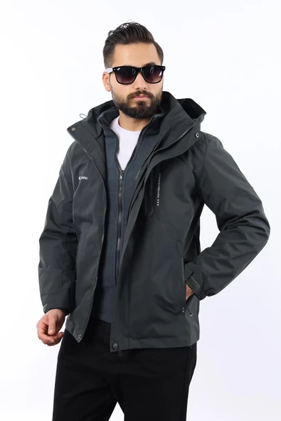 Erkek Antrasit Polarlı Su Geçirmez Kapüşonlu Mont - Resim 6
