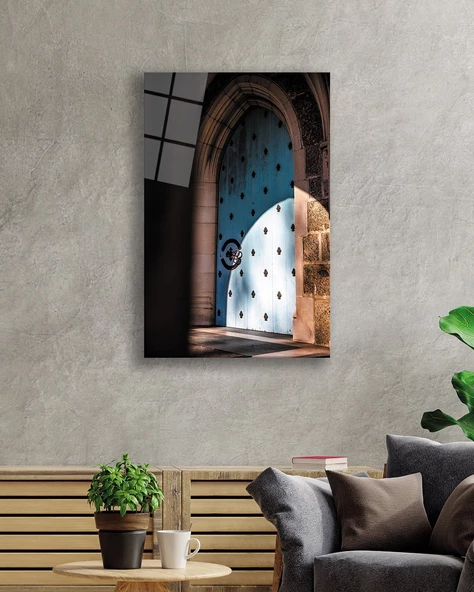 Oyma Taş Kemerli Mavi  Ahşap Kapı Dekoratif ve Modern Cam Tablo