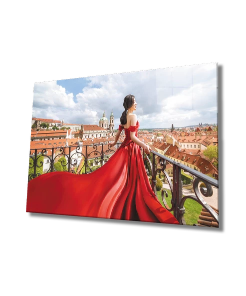 Kadınlar Kırmızı Elbise Dekoratif ve Modern Cam Tablo Women Red Dress