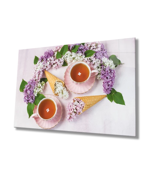 Çiçekler ve Fincanda Çay Dekoratif ve Modern Cam Tablo