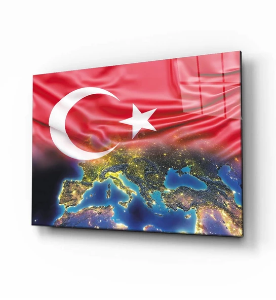 Türk Bayrağı ve Dünya Haritası  Dekoratif ve Modern Cam Tablo