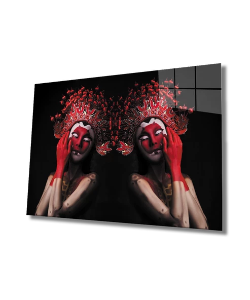 Kadınlar Kırmızı Maskeli Dekoratif ve Modern Cam Tablo ürün görseli