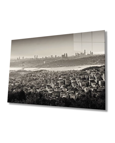 Siyah Beyaz İstanbul Kuş Bakışı Manzaralı  Dekoratif ve Modern Cam Tablo
