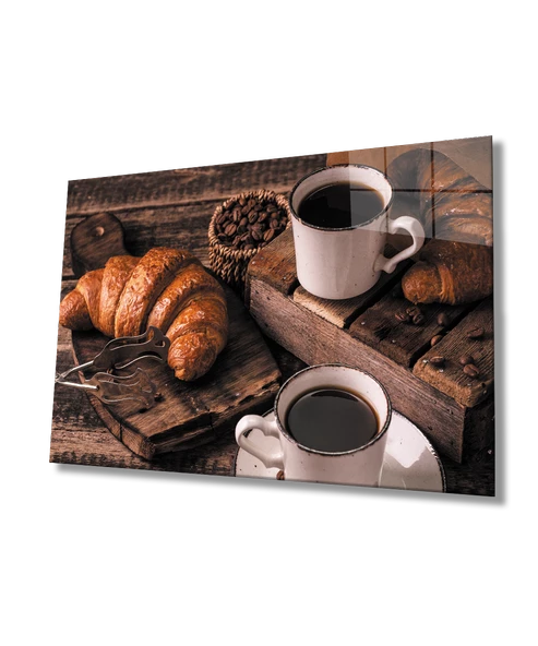 Kruvasan Kahve Dekoratif ve Modern Cam Tablo   Croissant Coffee