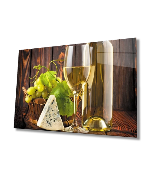 Şarap Peynir Üzüm Mutfak Dekoratif ve Modern Cam Tablo