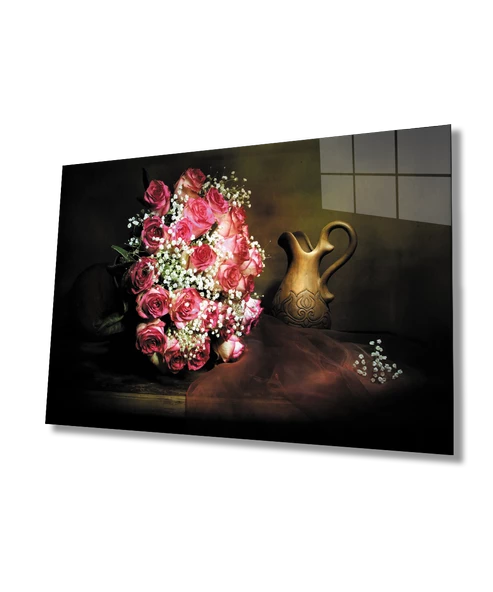 Pembe Beyaz Güller Natürmort Dekoratif ve Modern Cam Tablo