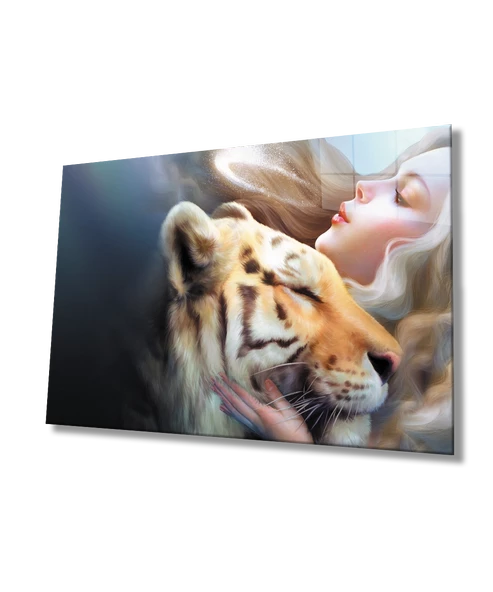 Aslan ve Kadın Dekoratif ve Modern Cam Tablo ürün görseli