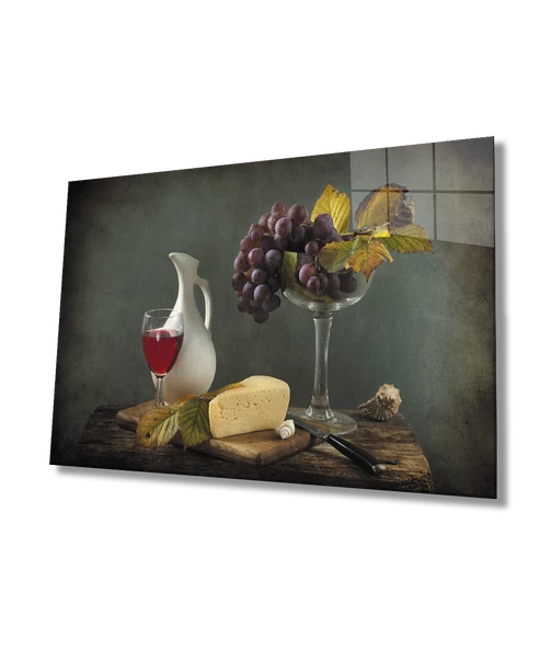 Üzüm Peynir Kadeh Natürmort Dekoratif ve Modern Cam Tablo