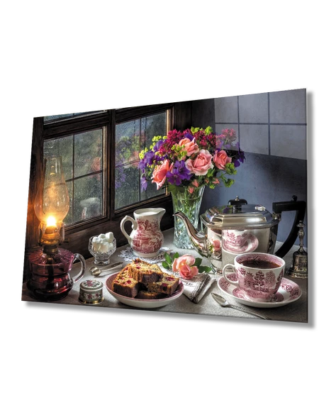 Çiçekli Masa Mutfak Dekoratif ve Modern Cam Tablo