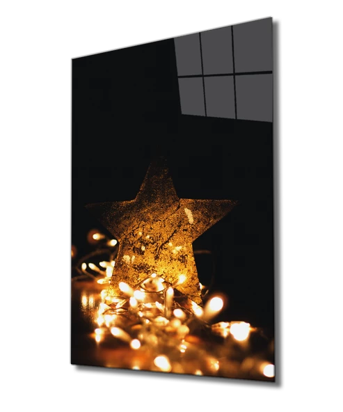 Sarı Işıklı Yıldız Dekoratif ve Modern Cam Tablo Yellow Star