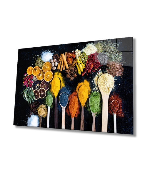 Kaşıklarda Baharatlar Dekoratif ve Modern Cam Tablo Fruits on Spoon