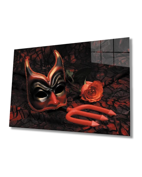 Maske Kırmızı Gül Dekoratif ve Modern Cam Tablo   Mask Red Rose Table