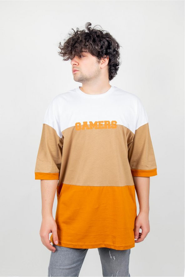 Erkek Oversize Parçalı Renkli Gamers Yazılı T-Shirt Brz 1159
