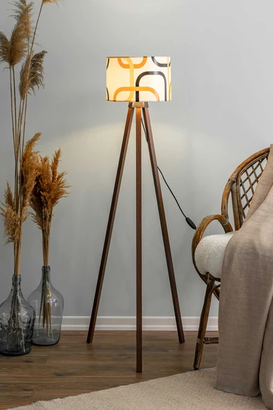 Rivaİstanbul Soyut Krem Silindir Başlık Ahşap Üç Ayaklı Lambader - Resim 2