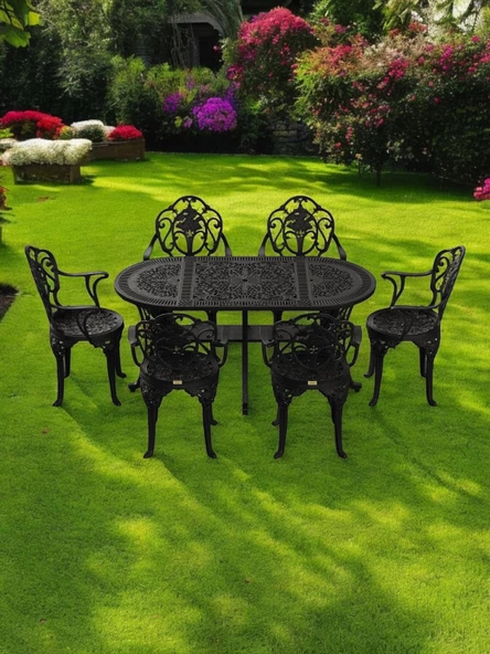 Ferforje görünümlü Plastik Oval Isparta Masa Sandalye Takımı 1 Masa 6 Sandalye Balkon, Bahçe Mobilyası