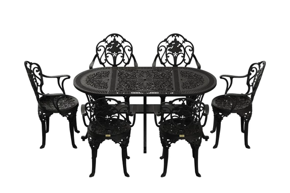 Ferforje görünümlü Plastik Oval Isparta Masa Sandalye Takımı 1 Masa 6 Sandalye Balkon, Bahçe Mobilyası - 10