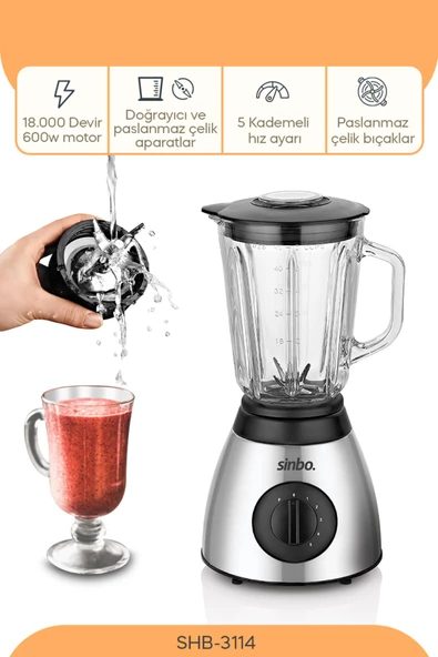 Sinbo Shb-3113 Kırmızı Cam Blender Ve Öğütücü / 600w Smoothie - Buz Kırıcı