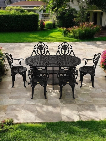 Ferforje görünümlü Plastik Oval Isparta Masa Sandalye Takımı 1 Masa 6 Sandalye Balkon, Bahçe Mobilyası - 9