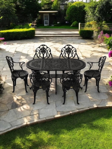 Ferforje görünümlü Plastik Oval Isparta Masa Sandalye Takımı 1 Masa 6 Sandalye Balkon, Bahçe Mobilyası - 8