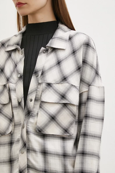 Körüklü Cepli Ekose Gömlek Krem - Resim 2