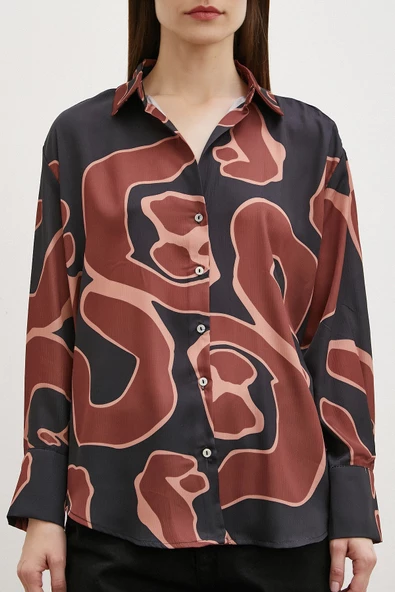 Baskılı Saten Gömlek Kahve - Resim 2