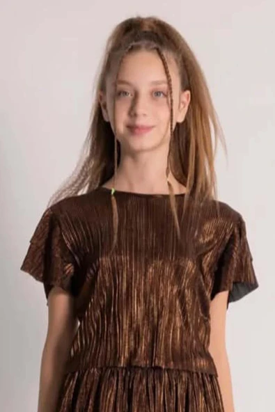 Kız Çocuk Parlak Kumaş Varaklı Bluz Pliseli Metal Rengi Etekli Takım - Resim 5