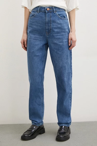 Yüksek Bel Dar Paça Mom Jean Mavi - 4