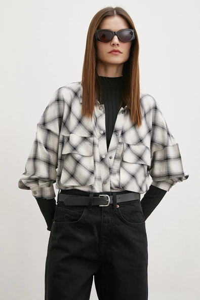 Körüklü Cepli Ekose Gömlek Krem - Resim 5