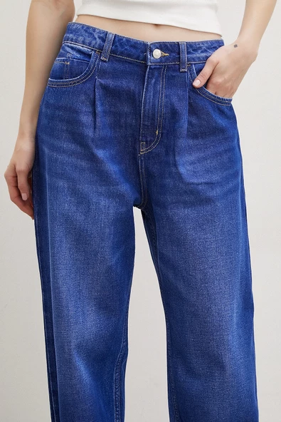 Yüksek Bel Dikişli Kesik Paça Mom Jean Mavi - 5