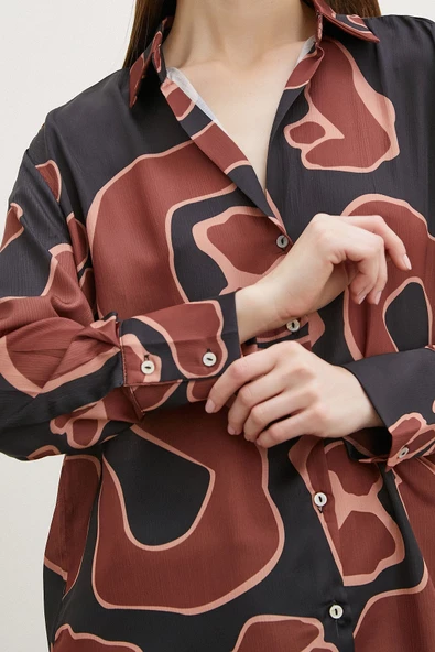 Baskılı Saten Gömlek Kahve - Resim 3