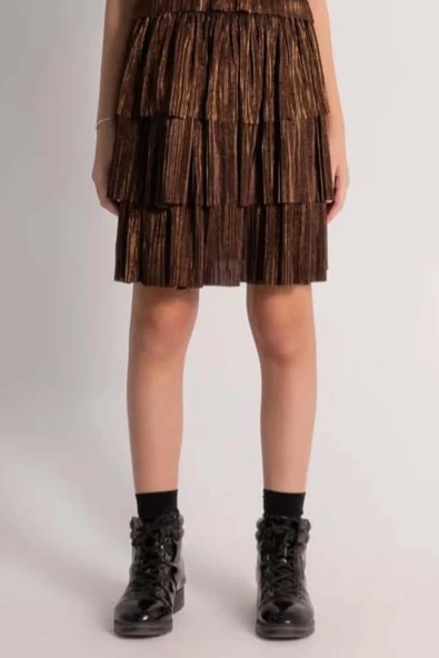 Kız Çocuk Parlak Kumaş Varaklı Bluz Pliseli Metal Rengi Etekli Takım - Resim 6