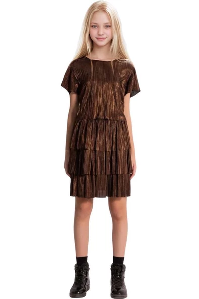 Kız Çocuk Parlak Kumaş Varaklı Bluz Pliseli Metal Rengi Etekli Takım ürün görseli