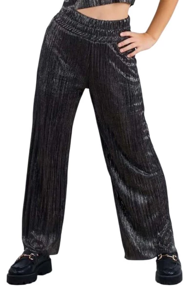 Kız Çocuk Parlak Kumaş Varaklı Bluz Pliseli Bol Kesim Pantolon Antrasit Alt Üst Takım - Resim 3