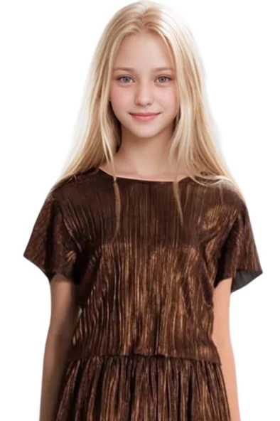 Kız Çocuk Parlak Kumaş Varaklı Bluz Pliseli Metal Rengi Etekli Takım - Resim 2