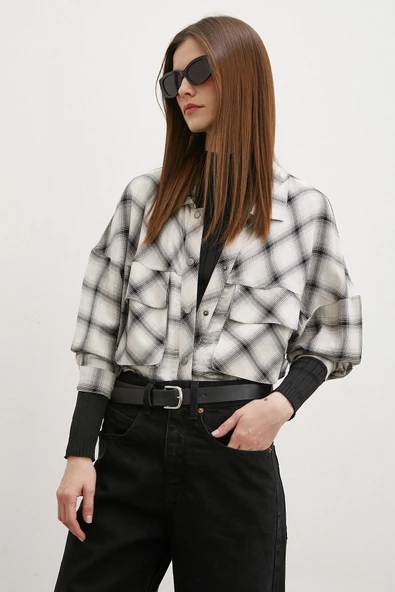 Körüklü Cepli Ekose Gömlek Krem - Resim 6