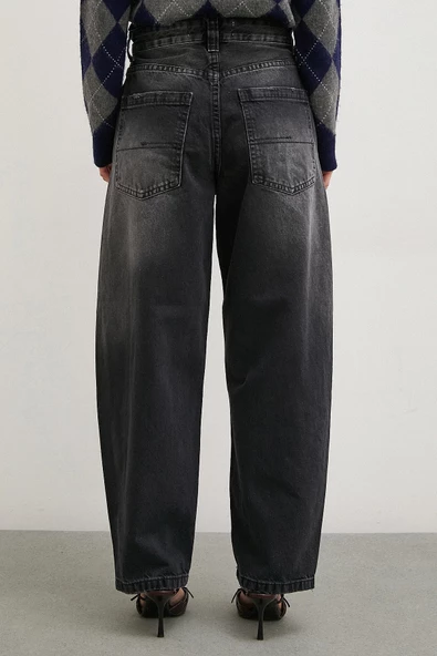 Yüksek Bel Baggy Jean Siyah - 6
