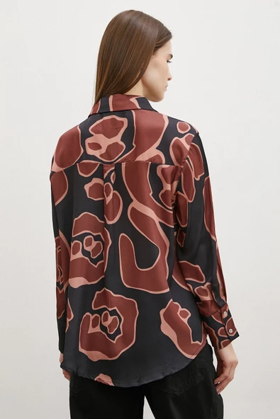 Baskılı Saten Gömlek Kahve - Resim 4