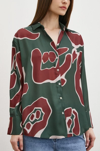 Baskılı Saten Gömlek Mor - Resim 2