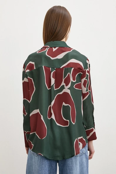 Baskılı Saten Gömlek Mor - Resim 3