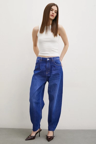 Yüksek Bel Dikişli Kesik Paça Mom Jean Mavi - 3