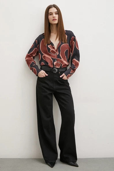 Baskılı Saten Gömlek Kahve - Resim 5