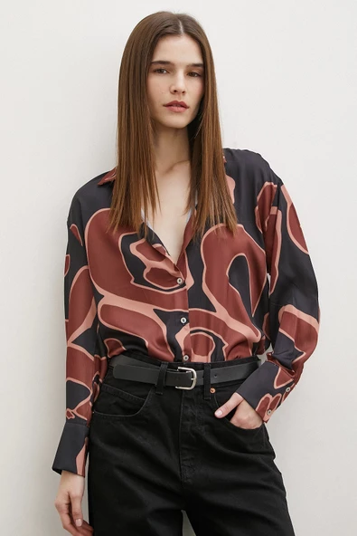 Baskılı Saten Gömlek Kahve ürün görseli